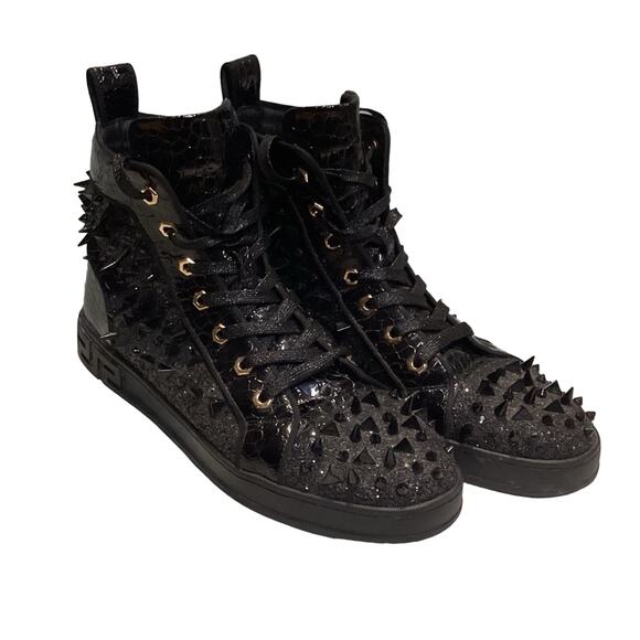 FI-2369 Black Glitter Black Spikes Lace up High top Sneaker Encore by Fiesso main image 9